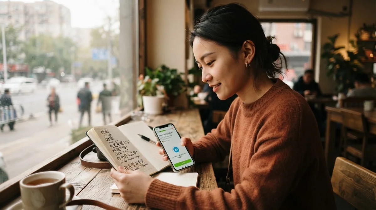 カフェでノートとスマートフォンを使って語学学習を行う様子