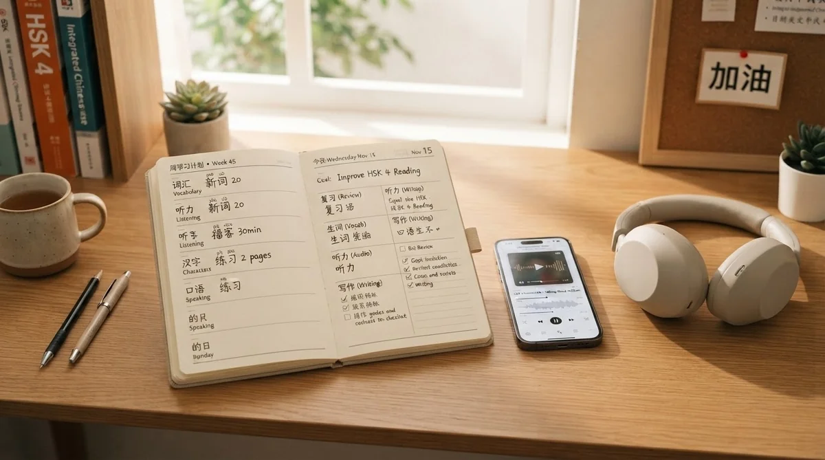 計画ノートとスマートフォン、ヘッドホンが並ぶデスク