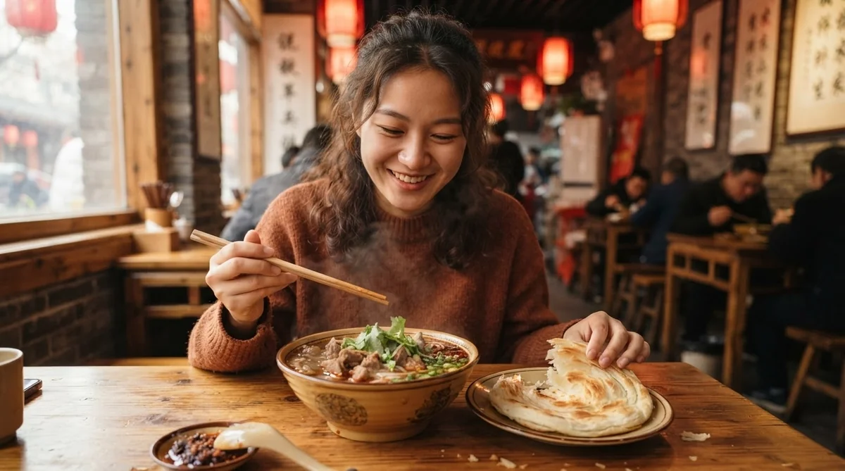 温かい雰囲気の店内で羊肉スープと平焼きパンを満足そうに味わう人の様子