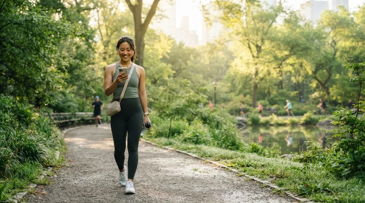 自然の中でスマートフォンを持ち爽やかに歩く東アジアの人物