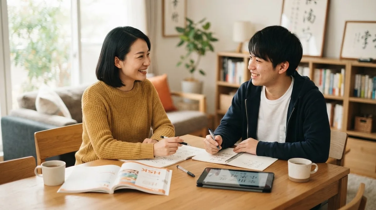 講師と受講生がテーブルを挟んで笑顔で語学トレーニングを行っている風景