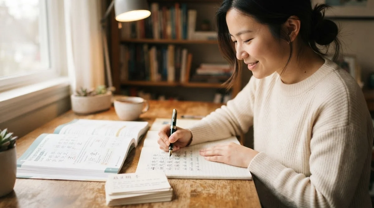 デスクで中国語の教材やノートを開き学習に取り組む様子