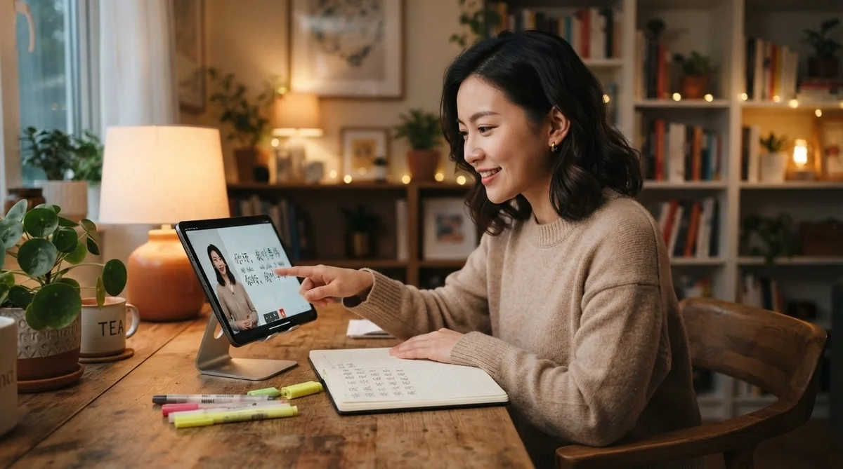 タブレットを使ってオンラインで中国語フレーズを笑顔で学ぶ東アジア系の女性