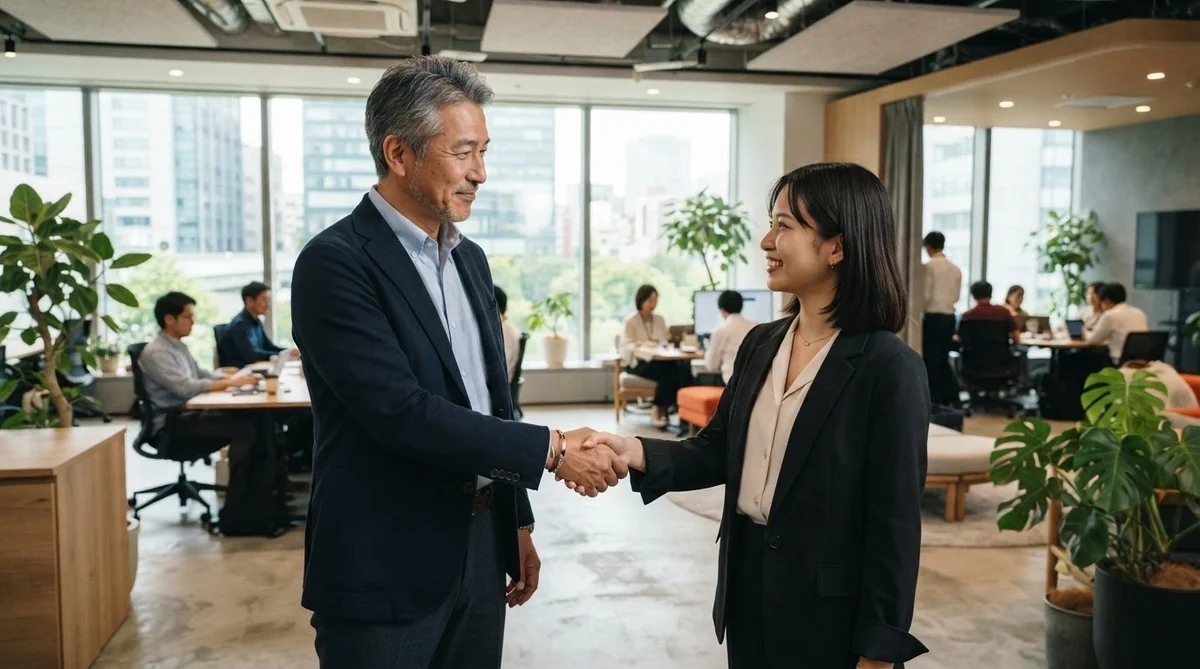 上司と同僚が明るいオフィスで握手を交わし相互信頼を確認している様子