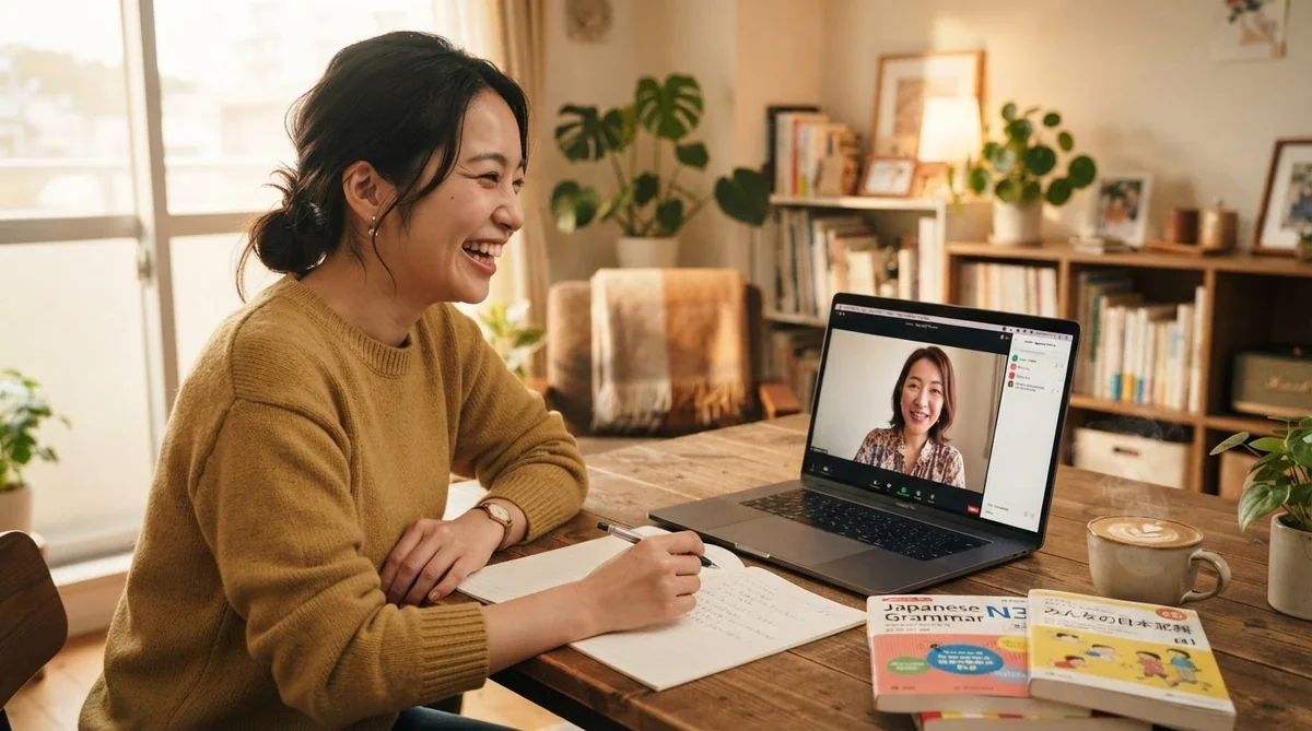 講師とのオンラインレッスンで笑顔を見せながら質問や会話をする場面