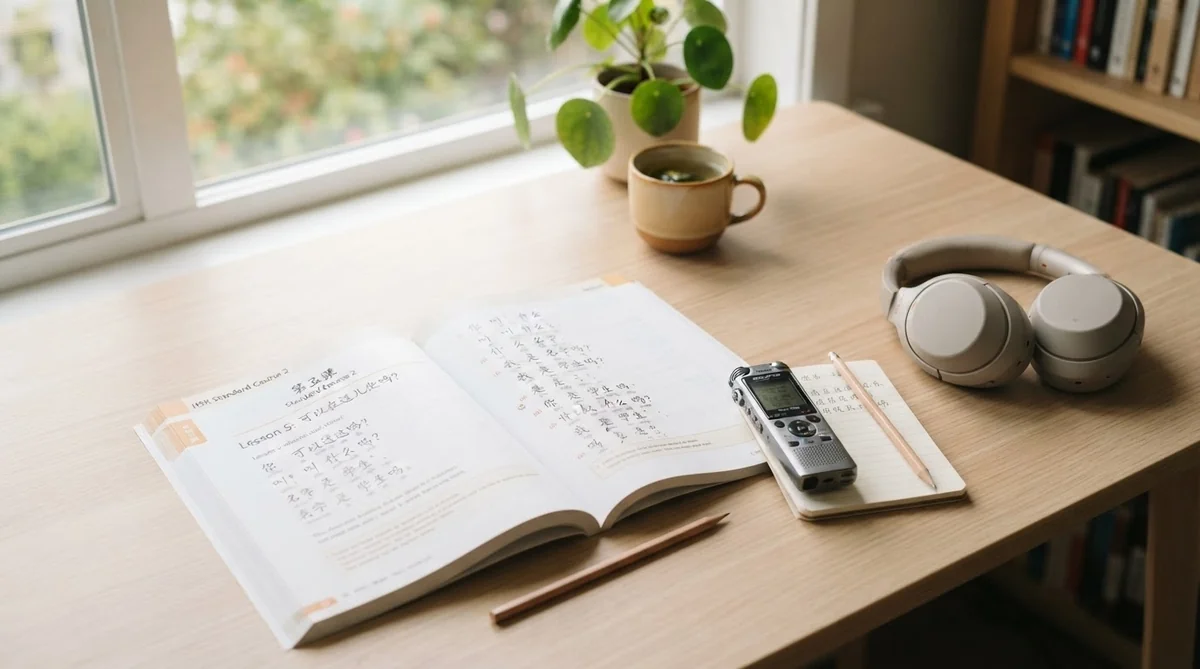 テキストやボイスレコーダー、ヘッドフォンが備えられた中国語の集中学習環境