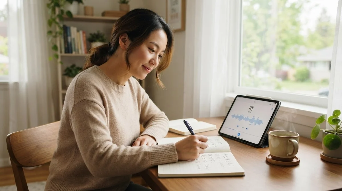 自宅のデスクでテキストや音声を使って中国語の復習をする学習者