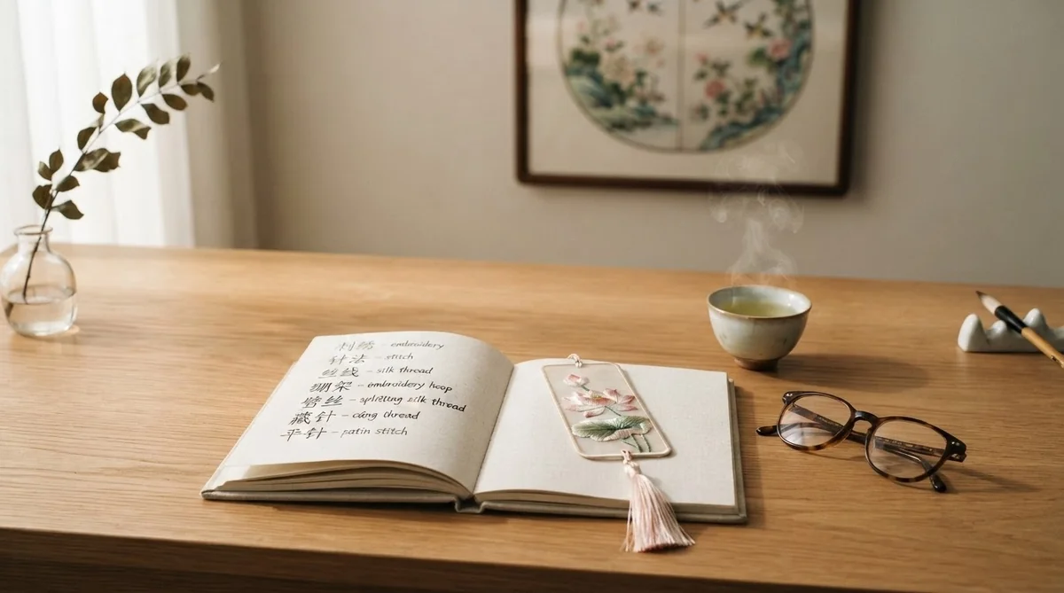 中国語の単語ノートや刺繍のしおり、お茶が置かれた知的な学習スペース
