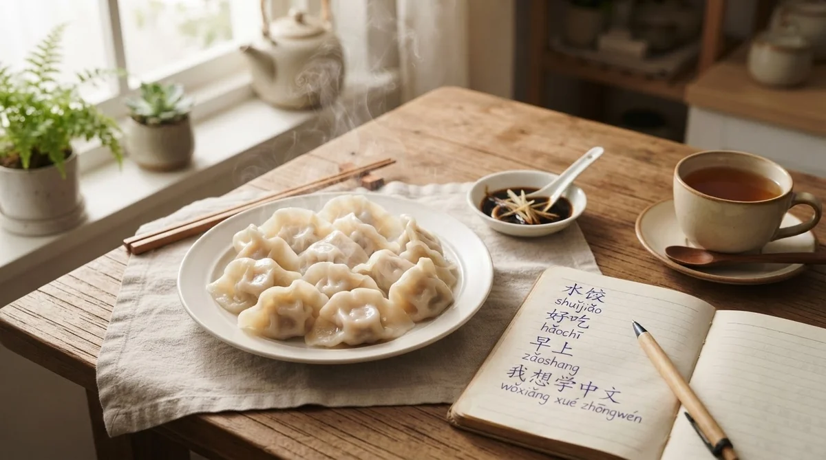 茹で立ての湯気立つ水餃子と中国語の単語が丁寧に書かれた学習ノートが置かれた食卓