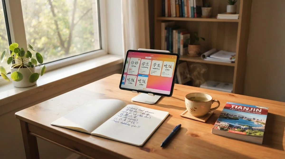 タブレットやノートを使って中国語の料理フレーズを学習するデスク風景