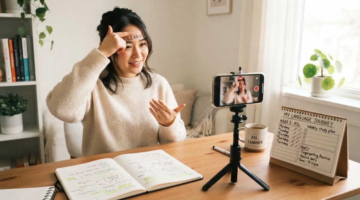 スマートフォンで手話動作を録画確認しながら自習する学習者