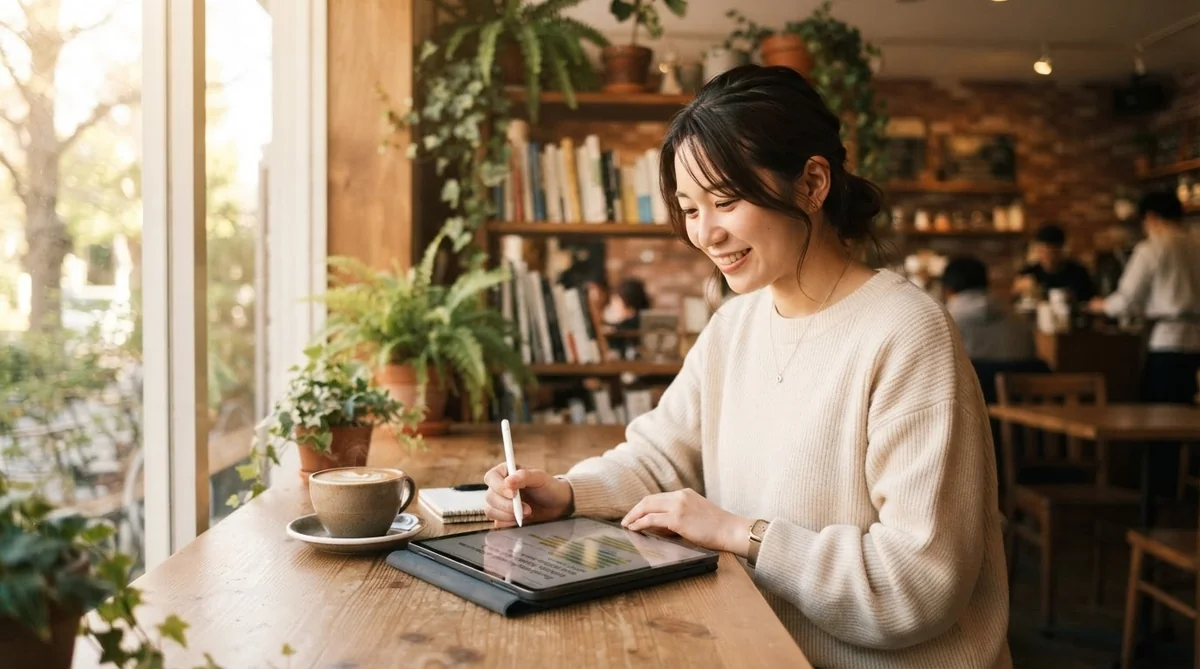 カフェで前向きに中国語を学ぶ学習者の姿