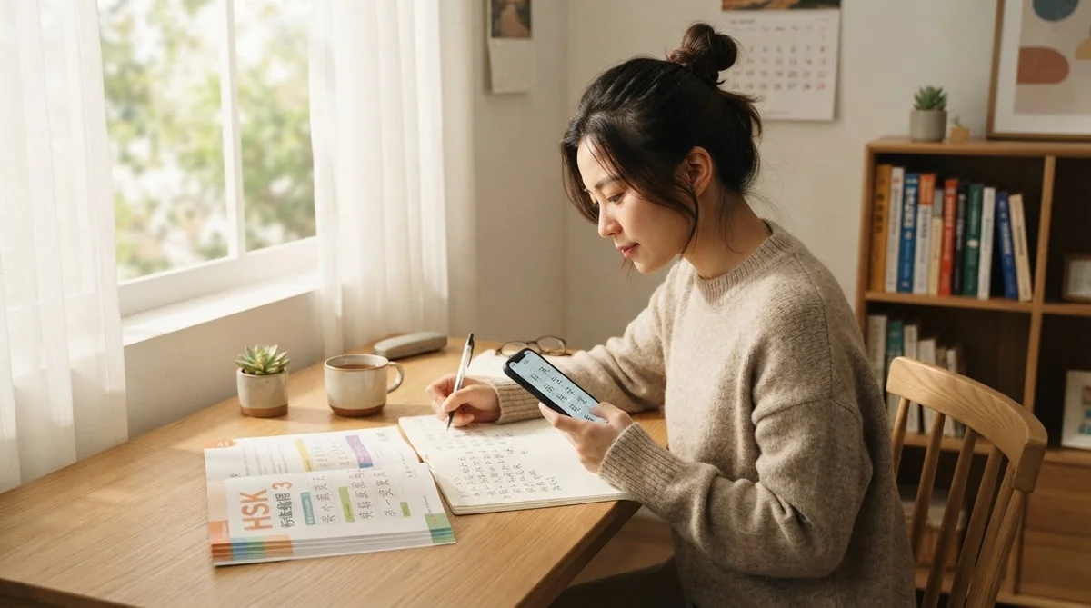 静かな書斎でスマホとテキストを活用して集中して中国語を学習する人物