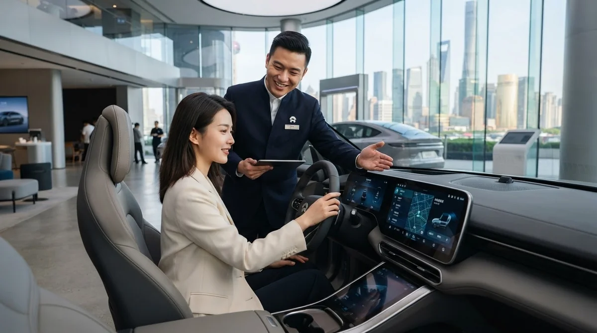 現代的な中国の自動車ショールームで販売員が顧客にスマートコックピットやタッチパネルの機能を丁寧に解説しているシーン