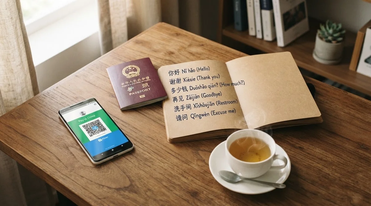 スマートフォン、パスポート、メモ帳を並べた中国渡航前の準備風景