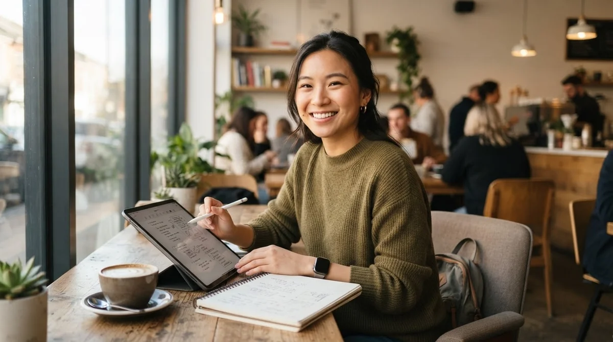 カフェでリラックスしながらカフェで中国語を学ぶ笑顔の学習者
