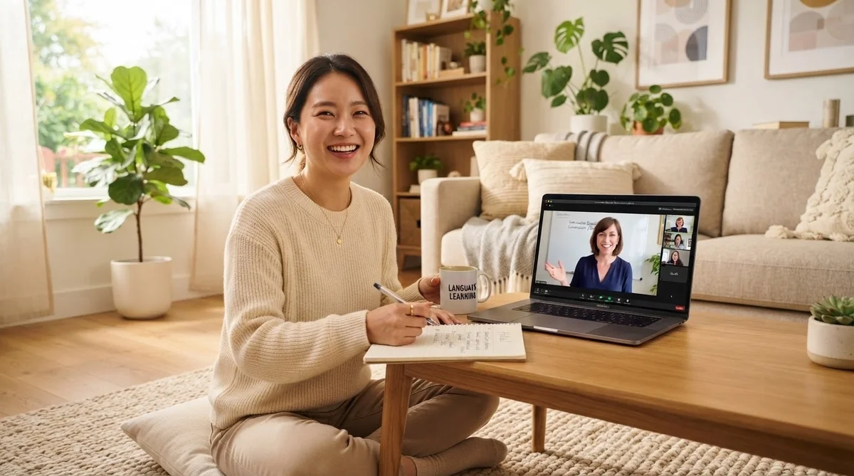 オンラインや教室で中国語レッスンを楽しく受けている学習者の画像