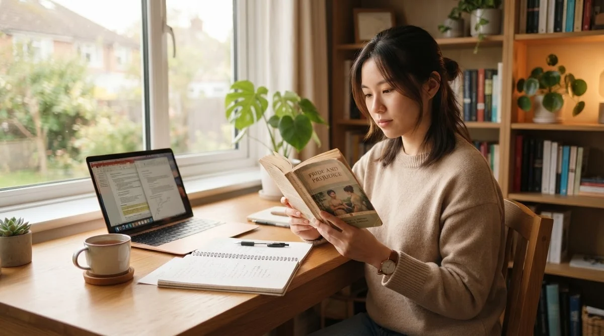 現代の学習者が中国語や歴史古典を熱心に勉強している様子