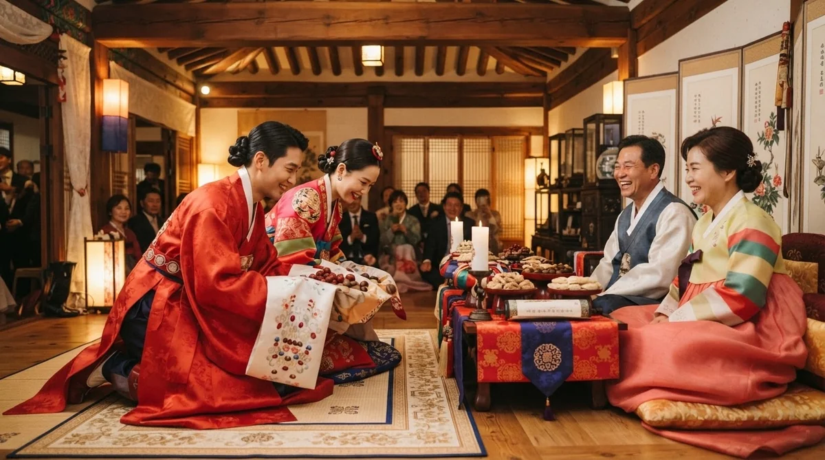 幣帛(ペベク)の儀式で親族に挨拶をする新郎新婦