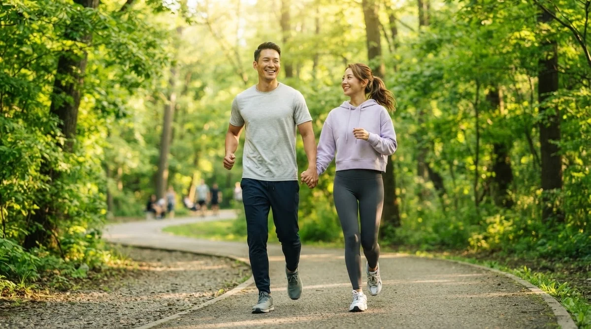 朝の公園でウォーキングを楽しむアジア人の男女
