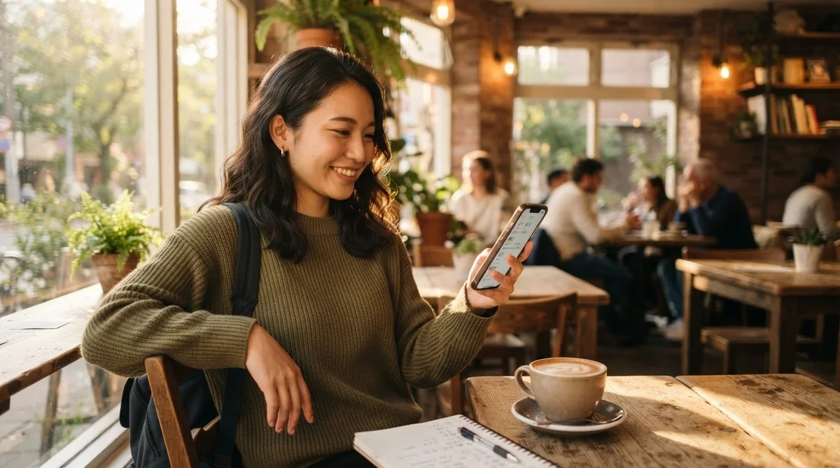 カフェでスマートフォンのアプリを使って語学復習をする学習者。