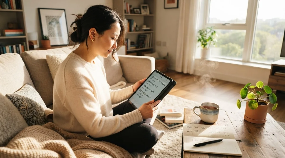 タブレットで中国語の買い物単語や現地情報を学習しながら渡航準備を進める様子