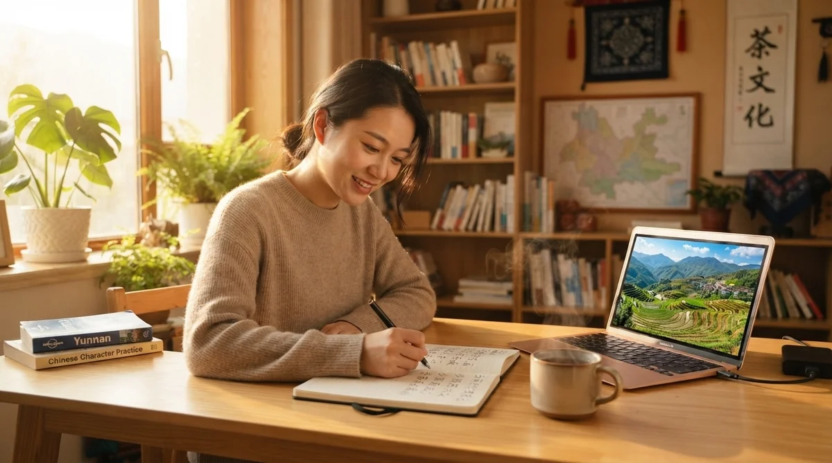 中国語の教材とノートを前に着実に学習を進める学習者