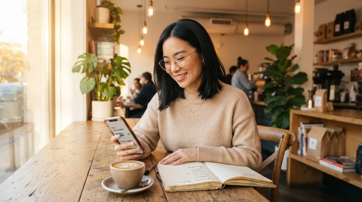 カフェの落ち着いた雰囲気の中でノートとスマホを使って勉強する女性