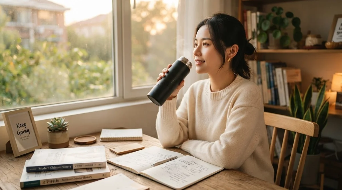 温かい泡水を飲みながらデスクでゆったり学習する様子