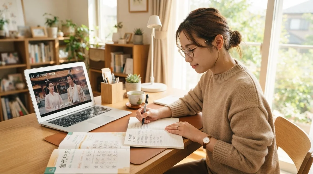 ノートを広げ中国語のテキストや動画を参考にしながら前向きに勉強する現代の日本人女性学習者