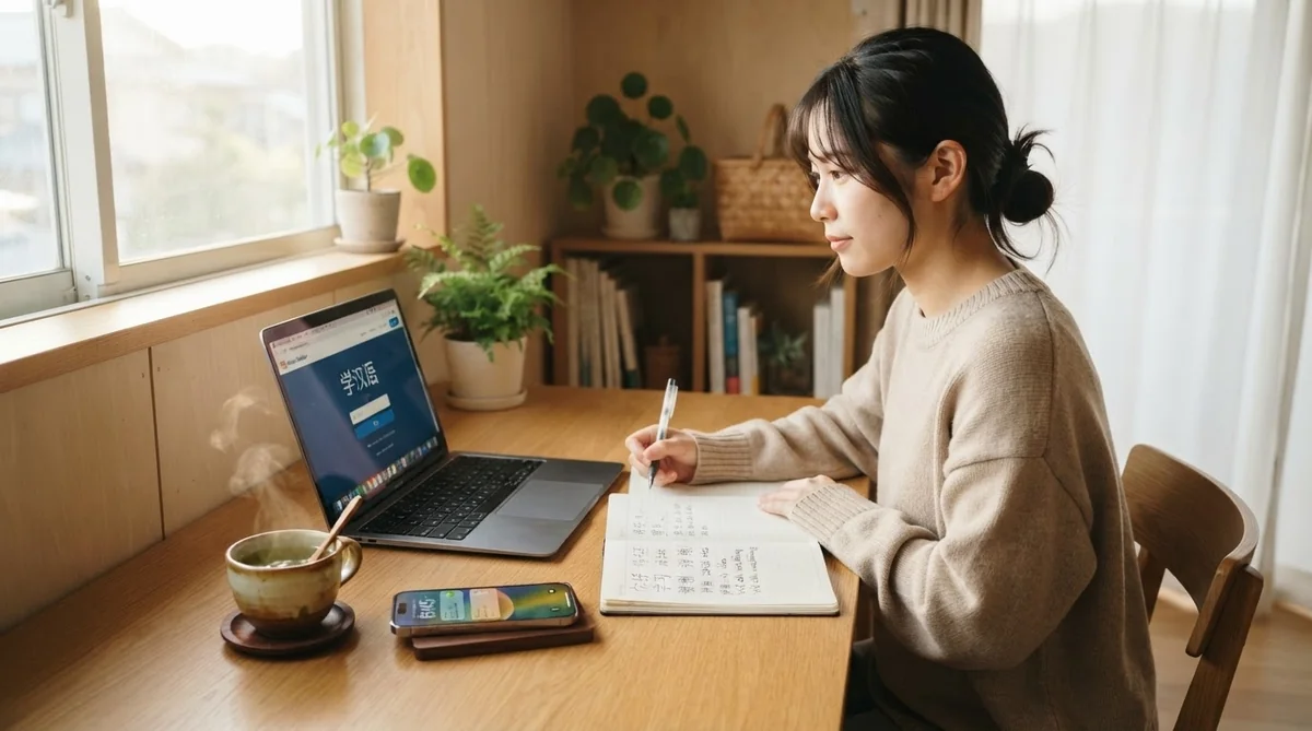 ノートやパソコンに向かって中国語を勉強するデスク環境
