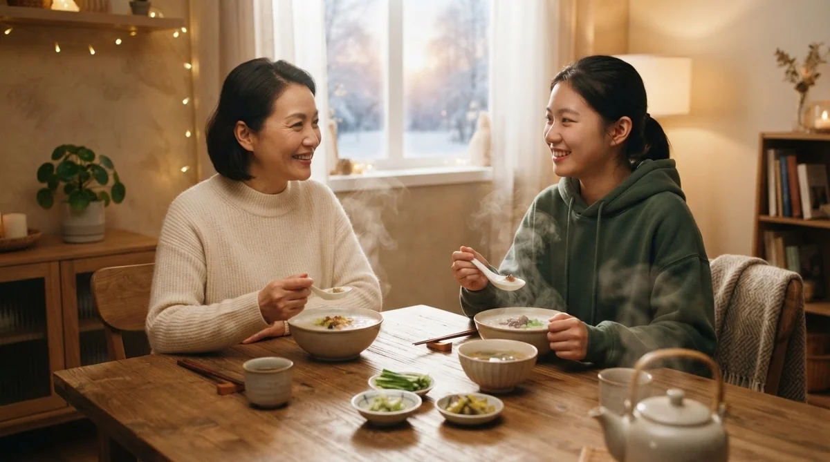 冬の温かいテーブルで中国人の友人と食事をしながら談笑する様子