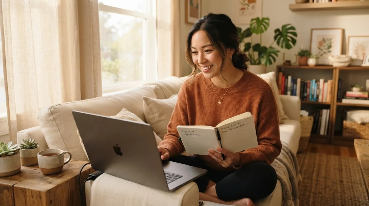 PCを使ってオンライン中国語講座や事前準備を行う若い社会人の様子