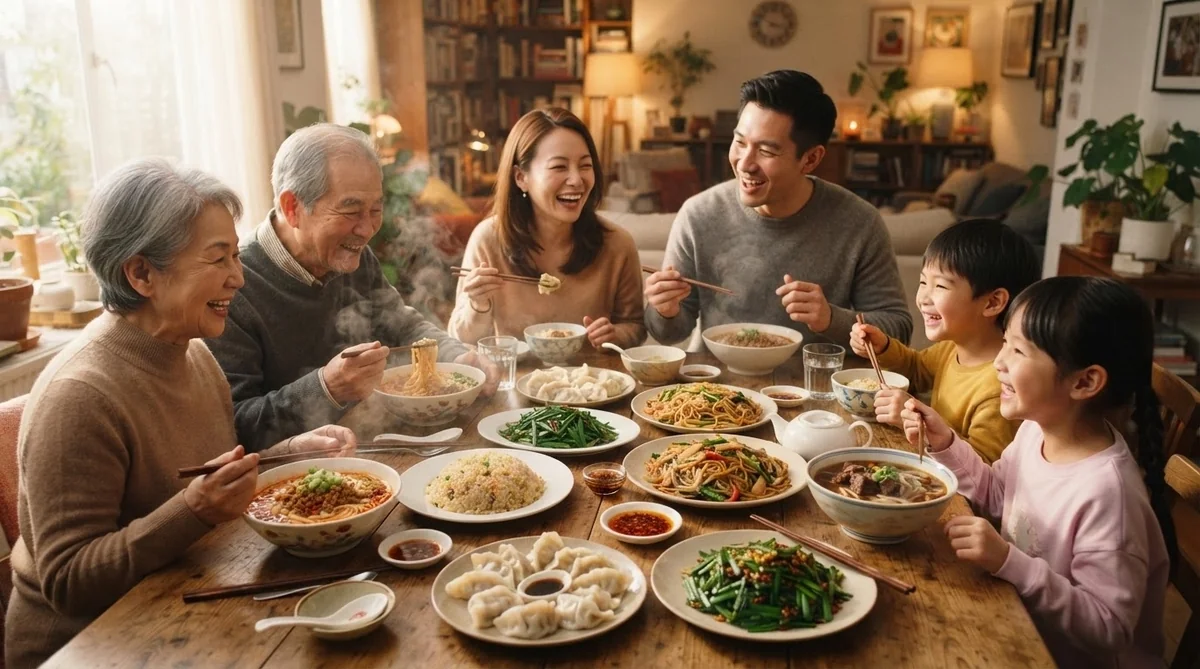タブレットでレシピを見ながら、キッチンで楽しそうに中国の麺料理を作る東アジア人の大人の学習者