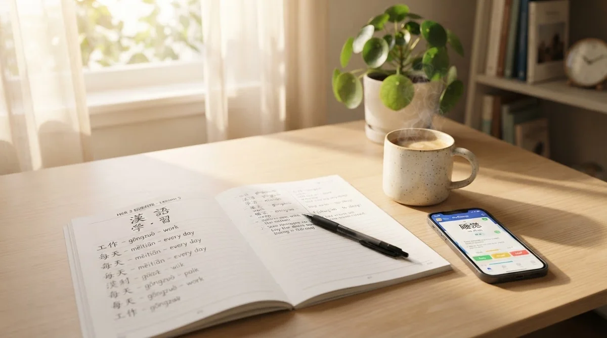 ノートやアプリを使って机に向かい集中して勉強する様子