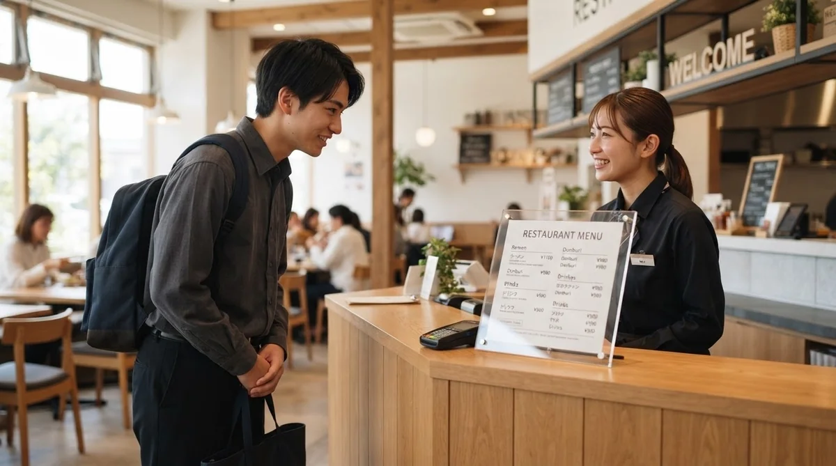 清潔な受付カウンターで受付スタッフと丁寧にやり取りをする学習者