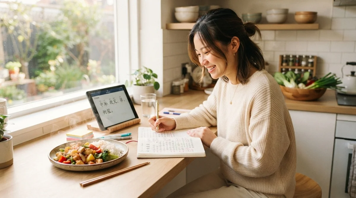 ノートやタブレットを使って楽しく語学学習を継続する様子