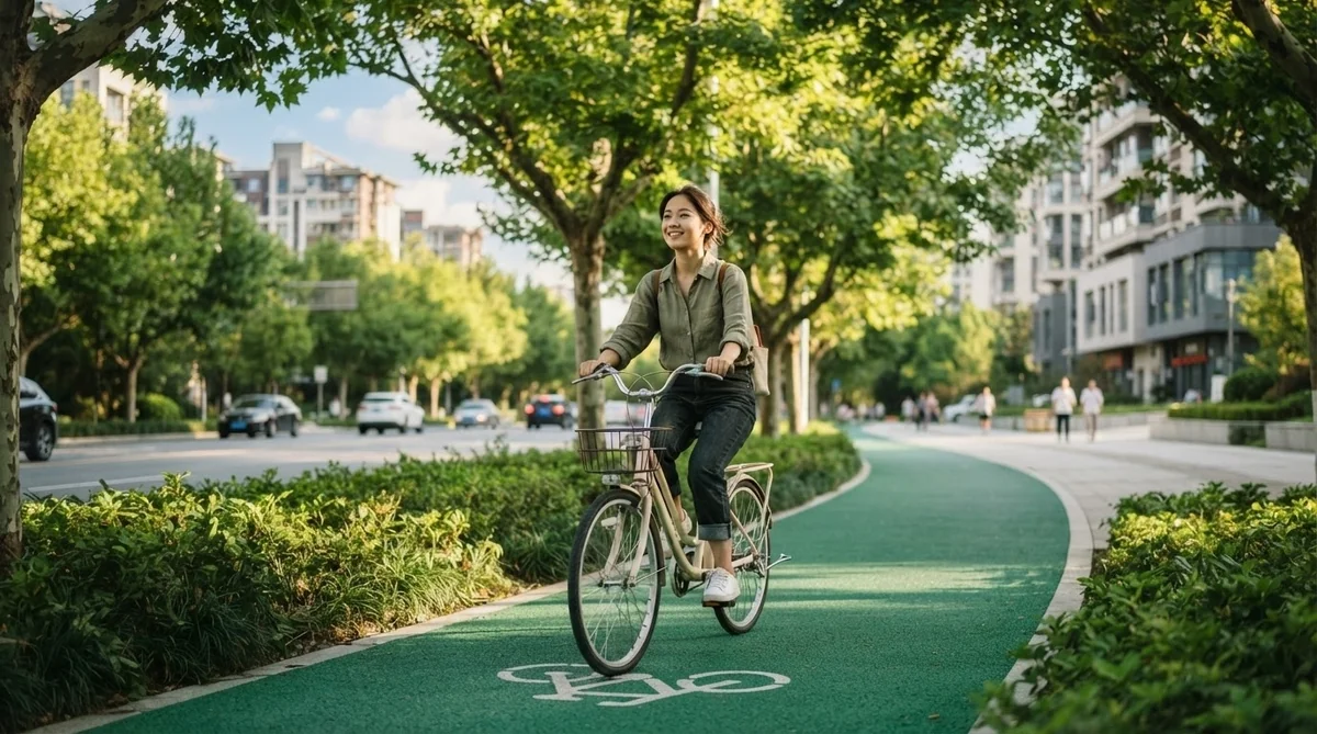 中国のモダンな街並みの自転車専用レーンを気持ちよく走行する快適な旅行風景
