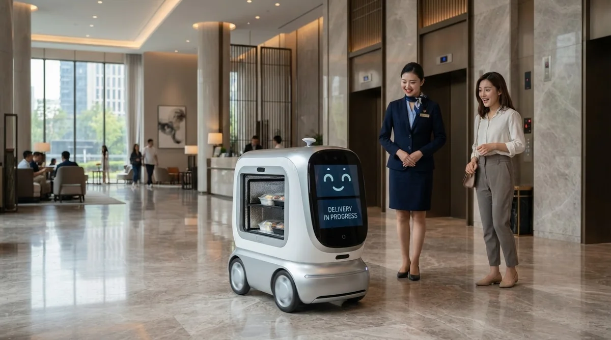 中国のモダンなホテルロビーで活躍する自律走行デリバリーロボット