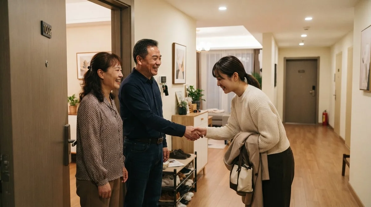 玄関前でホスト家族と笑顔で握手を交わし感謝を伝える訪問者