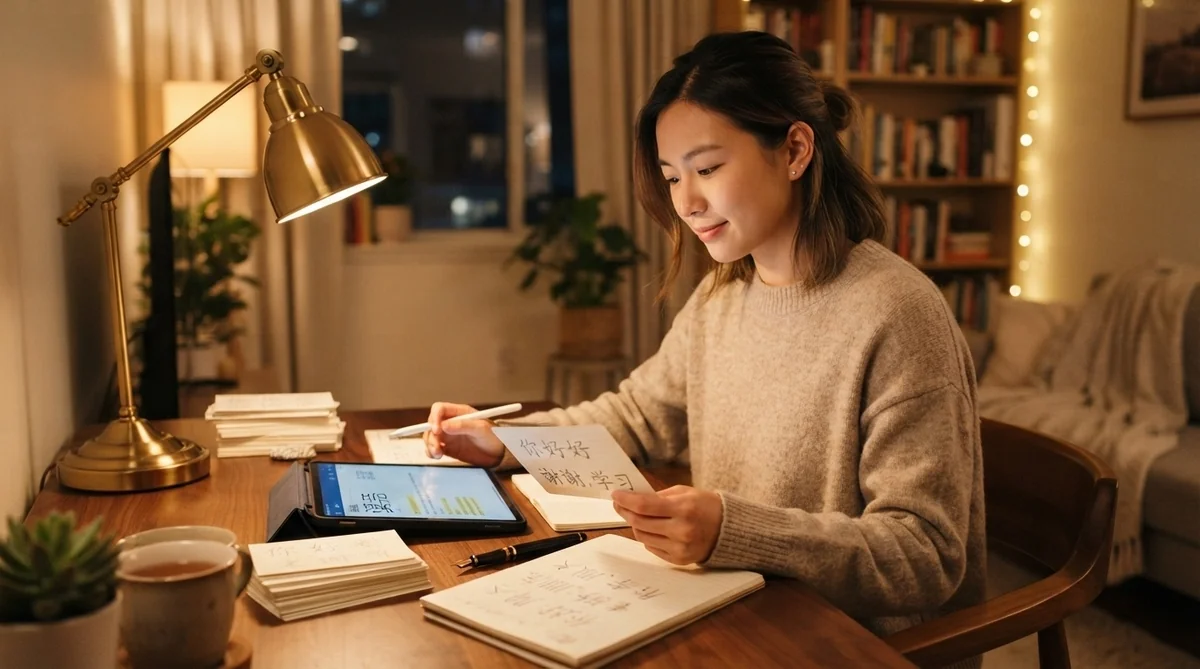 自宅で夜に集中して復習を行う語学学習者の様子