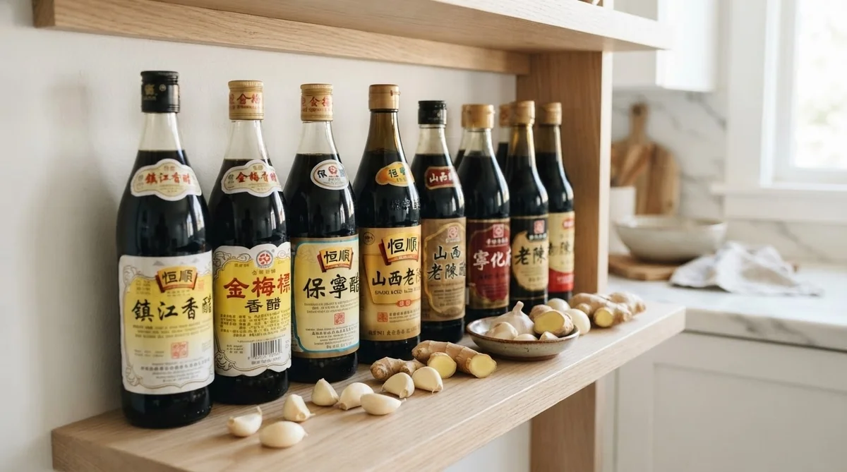 キッチンにきれいに並べられた様々な中国黒酢のボトル