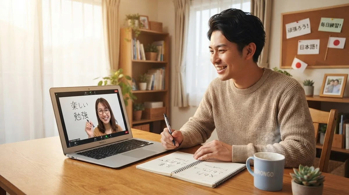 自宅でノートパソコンを使ってオンラインで語学レッスンを受けている様子