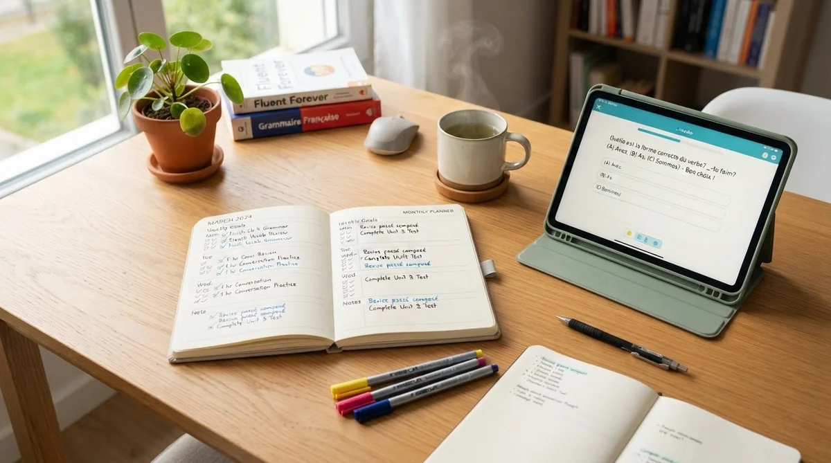 学習計画が書き込まれたノートとタブレットが置かれたデスク