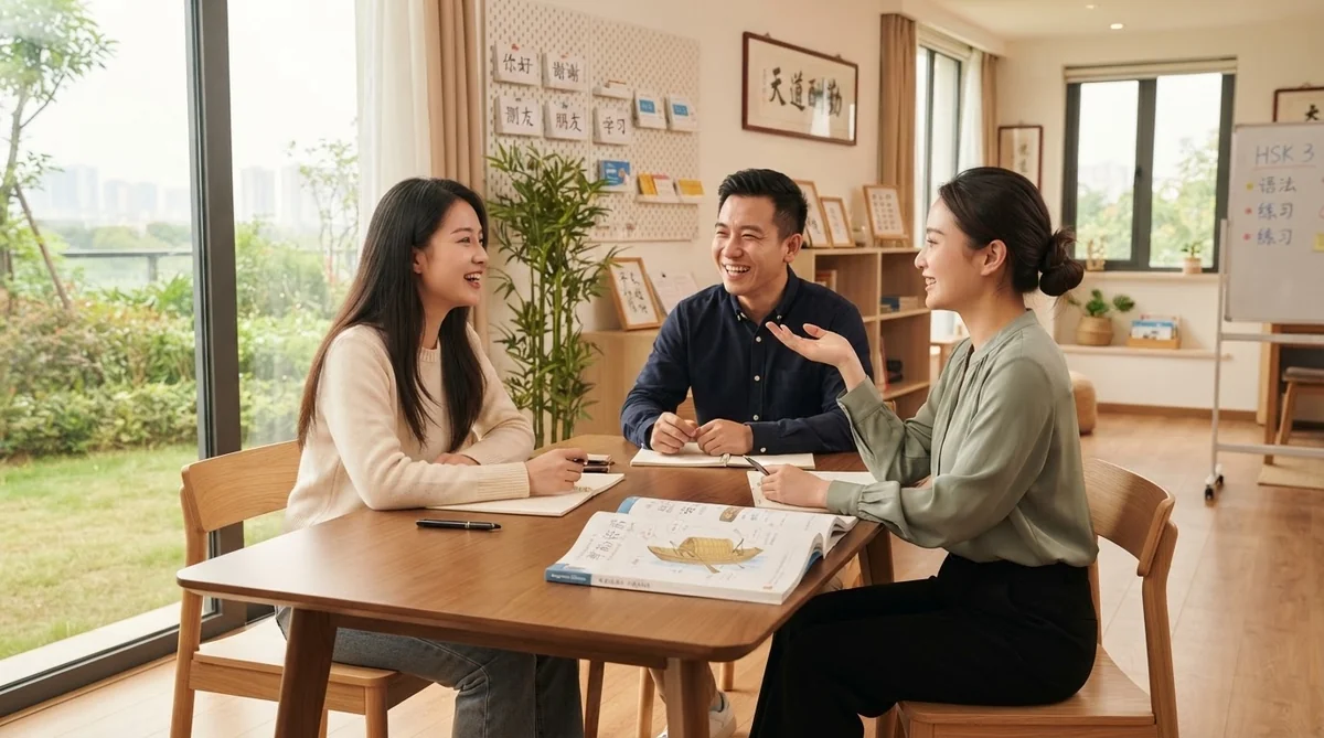昼間の中国語教室で、講師と3人の成人学習者が笑顔で会話練習をしている