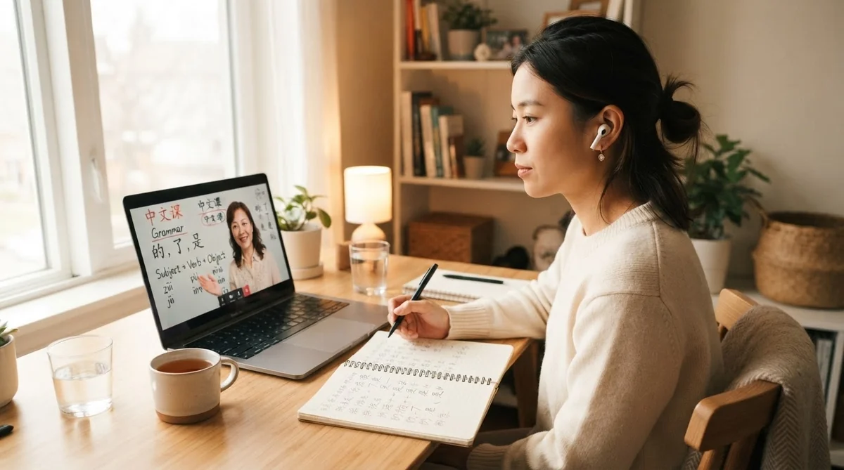 自宅でオンライン中国語レッスンを受ける女性学習者