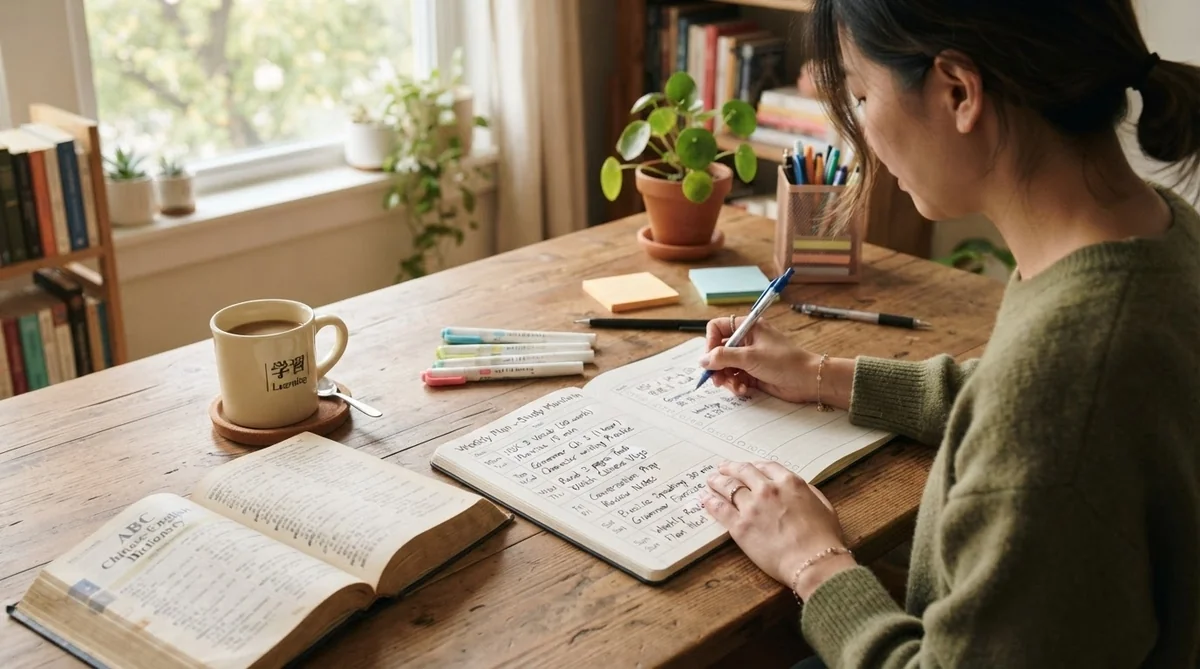 1日の学習目標を手帳に記入しながら計画を立てる学習者の手元
