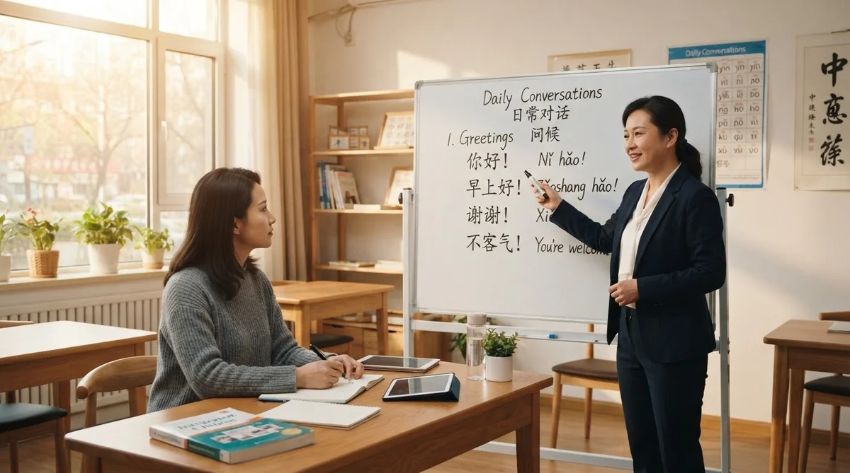 現代的な中国語教室で講師からレッスンを受ける風景