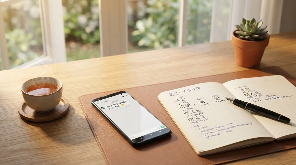 スマートフォンの画面とお茶、語学ノートが置かれた落ち着いた書斎の机