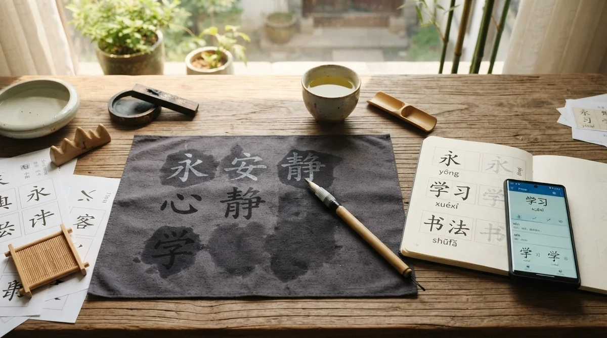 室内や私有地で水書きシートやノートを使って中国語と書道を練習する様子